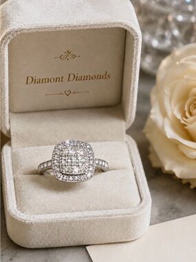 Ring DIAMONT White Diamond Halo Sterling Silver Engagement